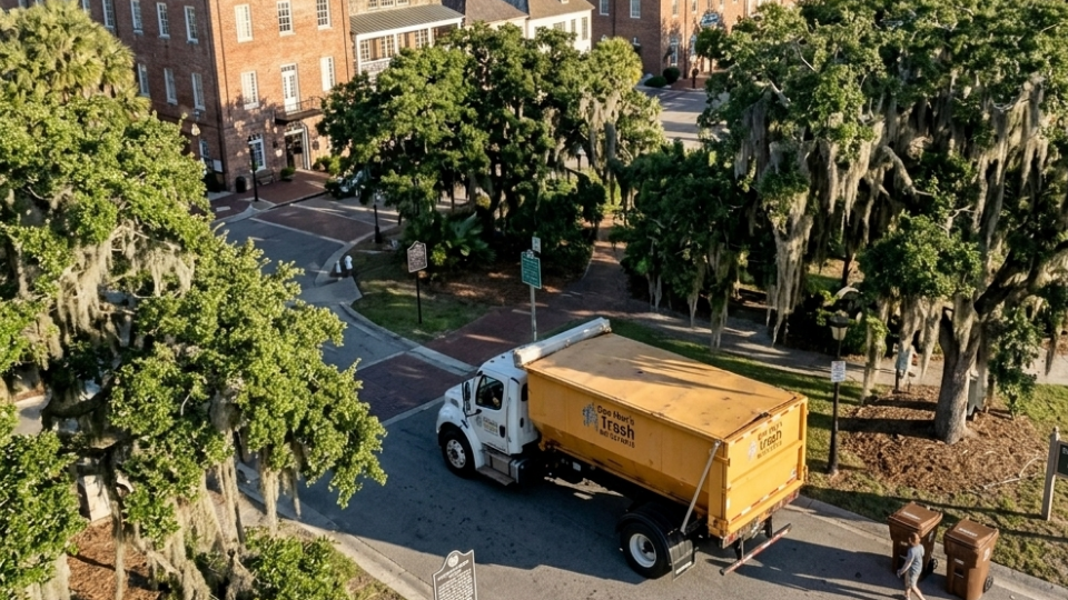 One Man's Trash 17-yard roll-off dumpster truck providing dumpster rental and debris removal services in historic downtown Beaufort, South Carolina.