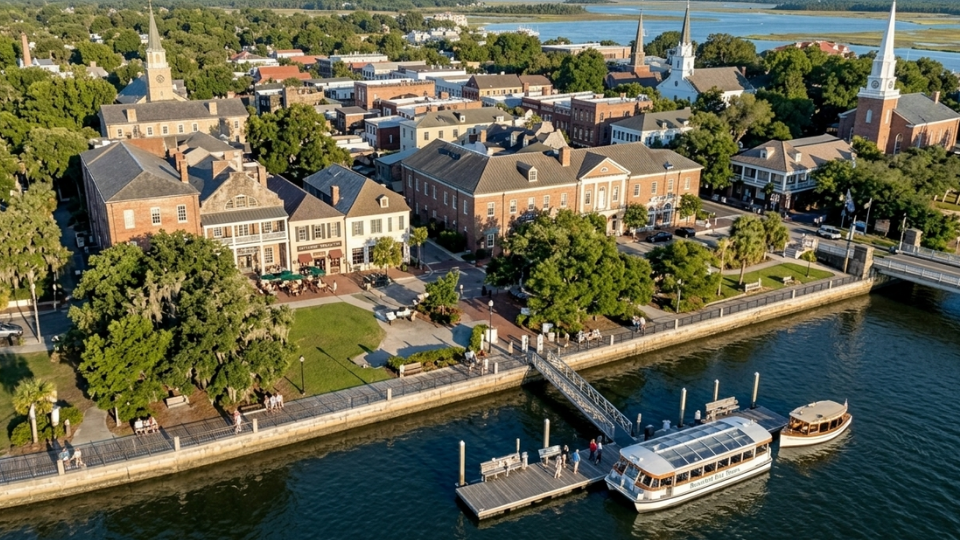 Aerial view of downtown Beaufort, South Carolina waterfront, a primary service area for One Man's Trash dumpster rentals, construction debris removal, and residential cleanup services.