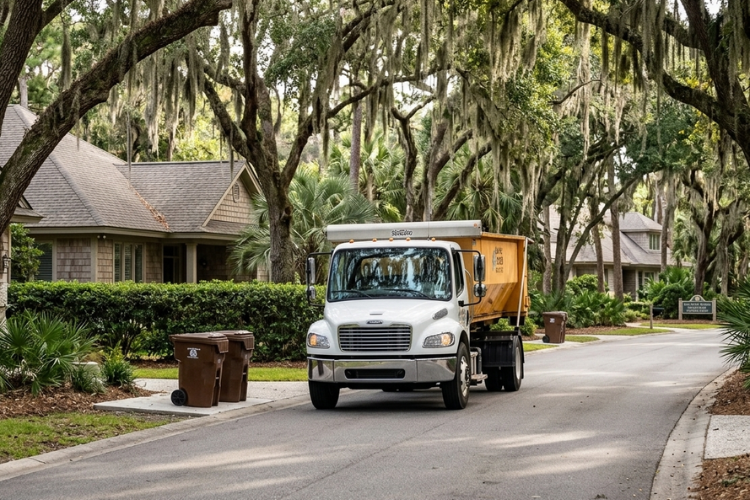 One Man's Trash 17-yard roll-off dumpster truck delivering a residential dumpster rental in Hilton Head Island, SC for home cleanouts, remodeling projects, and debris removal.