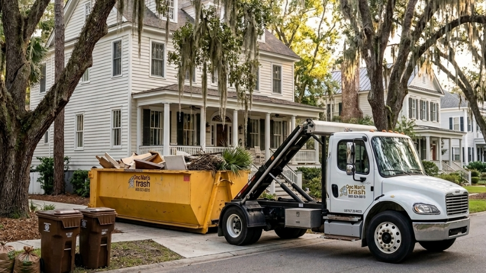 17-yard residential dumpster rental by One Man's Trash positioned at a Beaufort, South Carolina home for remodeling debris, junk removal, and property cleanups.